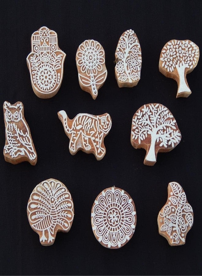 ecofynd Round Wood Block Stamps (Pack of 10), Wooden Blocks for Block Printing Stamp Set, Artistic Shapes Craft Kids Saree Border DIY Henna Fabric Textile Paper Clay Pottery Hand-Carved (BLOCK017) - Image 3